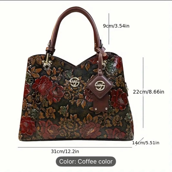 Floral Embossed Leather Shoulder Bag - Coffee - Picture 3 of 10